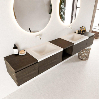 MONDIAZ BUKLA 240cm badmeubel met open module 40 midden kleur Dark Brown met 4 lades. Wastafel CLOUD dubbel 0 kraangaten kleur Talc.