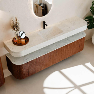 MONDIAZ THOR-DLUX Meuble de salle de bains - 190cm - arrondi gauche + droite - couleur Ruby - 2 tiroirs et 2 portes - Vasque suspendue CLOUD Milieu 1 trou de robinet - couleur Opalo