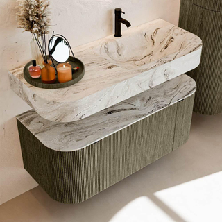 MONDIAZ THOR-DLUX Meuble de salle de bains 110cm arrondi gauche + droite couleur Shadow avec 1 tiroir et 2 portes. Vasque suspendue CLOUD Droite 1 trou de robinet couleur Glace.