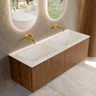 MONDIAZ KURVE-DLUX 130cm Meuble salle de bain - couleur Walnut - 2 tiroirs - vasque LEAF double - sans trou de robinet - couleur Opalo