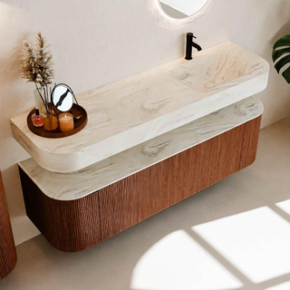 MONDIAZ THOR-DLUX 160cm meuble de salle de bains arrondi gauche + droite couleur Ruby avec 1 tiroir et 2 portes. Vasque suspendue CLOUD Droite 1 trou de robinet couleur Ostra.