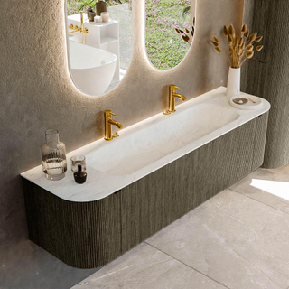 Mondiaz KURVE-DLUX Badkamermeubelset - 170x46x40cm - 1 lade - 2 deuren - wastafel solid surface - midden - 2 kraangaten - Shadow