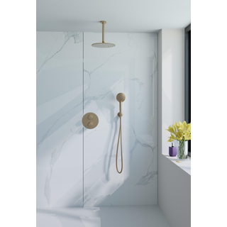 Fortifura Calvi Ensemble de douche à l'italienne - rond - thermostatique - bras plafond - douche principale de 25 cm - douchette ronde - flexible lisse - Laiton brossé PVD (Or)