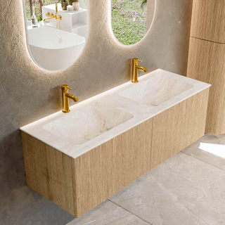 MONDIAZ KURVE-DLUX 130cm Meuble salle de bain - couleur Oak - 2 tiroirs - vasque LEAF double - 2 trous de robinet - couleur Frappe