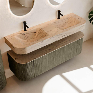 MONDIAZ THOR-DLUX 150cm meuble de salle de bains arrondi gauche + droite couleur Shadow avec 1 tiroir et 2 portes. Vasque suspendue CLOUD Double 2 trous de robinet couleur Arena.