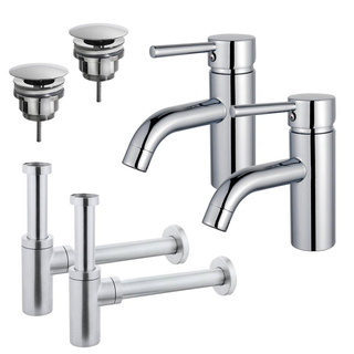FortiFura Calvi Kit robinet lavabo - pour double vasque - robinet bas - bonde non-obturable - siphon design - Chrome brillant