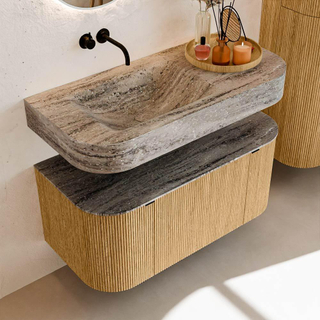 MONDIAZ THOR-DLUX 100cm badmeubel ronding links + rechts kleur Oak met 1 lade en 2 deuren. Vrijhangende wastafel CLOUD Links zonder kraangat kleur Oza.