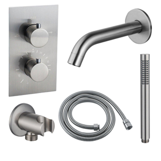 Fortifura Calvi Ensemble de robinet de baignoire - bec - 22cm réductible - flexible en métal - douchette à main - partie encastrable - support mural - inox brossé PVD