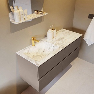 Mondiaz VICA-DLUX ensemble de meuble de salle de bain - 120cm - meuble sous-vasque fumée - 4 tiroirs - lavabo encastré nuage gauche - 1 trou de robinet - version haute de 60cm - glace