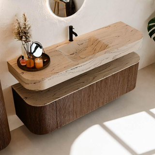 MONDIAZ THOR-DLUX 150cm meuble de salle de bains arrondi gauche + droite couleur Walnut avec 1 tiroir et 2 portes. Vasque suspendue CLOUD Milieu 1 trou de robinet couleur Arena.