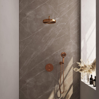 BRAUER Stripe Douche de tête thermostatique encastrée - 3 voies - ronde - SET 41 - pomme de douche 25 cm - bras mural courbé - douchette 3 positions - flexible de douche - coude mural - cuivre brossé PVD