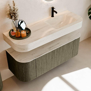 MONDIAZ THOR-DLUX Meuble de salle de bains 130cm arrondi gauche + droite couleur Shadow avec 1 tiroir et 2 portes. Vasque suspendue CLOUD Droite 1 trou de robinet couleur Meli.