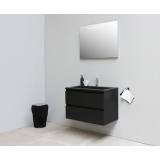 Basic Bella Badkamermeubelset - 80x55x46cm - 1 wasbak - Acryl - Zwart - 1 kraangat - Wandspiegel met verlichting - Melamine Zwart mat