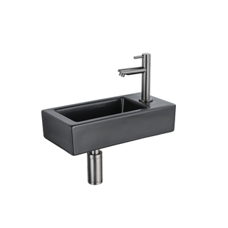 QeramiQ Fuente Fonteinset - 37.5x18.5x9cm - keramiek - kraangat rechts - fonteinkraan gunmetal - afvoerplug - verlaagd sifon - Mat Zwart
