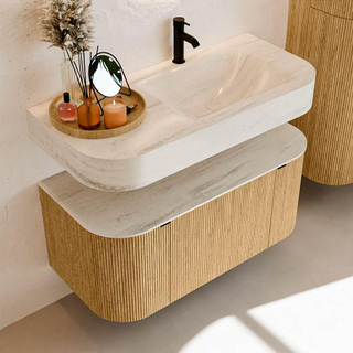 MONDIAZ THOR-DLUX 100cm meuble de salle de bains arrondi gauche + droite couleur Chêne avec 1 tiroir et 2 portes. Vasque suspendue CLOUD Droite 1 trou de robinet couleur Meli.