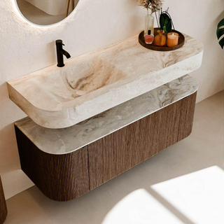 MONDIAZ THOR-DLUX Meuble de salle de bains 130cm arrondi gauche + droite couleur Walnut avec 1 tiroir et 2 portes. Vasque suspendue CLOUD Gauche 1 trou de robinet couleur Frappe.