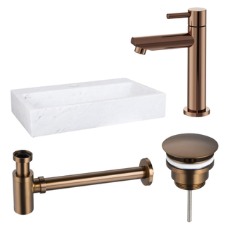 FugaFlow Eccelente Pietra ensemble de lavabo - 38x24x8cm - 1 trou de robinet - marbre - robinet de lavabo en cuivre - blanc