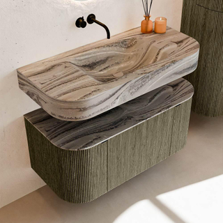 MONDIAZ THOR-DLUX 100cm meuble de salle de bains arrondi gauche + droite couleur Shadow avec 1 tiroir et 2 portes. Vasque suspendue CLOUD Milieu sans trou de robinet couleur Sombra.