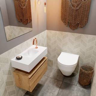 MONDIAZ ANDOR Toiletmeubel - 60x30x30cm - 1 kraangat - 1 lades - washed oak mat - wasbak midden - Solid surface - Wit