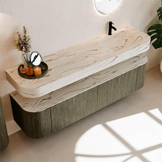 MONDIAZ THOR-DLUX Meuble de salle de bains 180cm arrondi gauche + droite couleur Shadow avec 2 tiroirs et 2 portes. Vasque suspendue CLOUD Droite 1 trou de robinet couleur Nata.