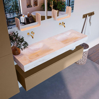 Mondiaz ALAN-DLUX Ensemble de meuble - 150cm - meuble - Oro mat - 1 tiroir - Lavabo Cloud Ostra suspendu - vasque gauche et droite - 0 trous de robinet - Beige