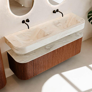 MONDIAZ THOR-DLUX 150cm meuble de salle de bains arrondi gauche + droite couleur Ruby avec 1 tiroir et 2 portes. Vasque suspendue CLOUD Double sans trou de robinet couleur Ostra.