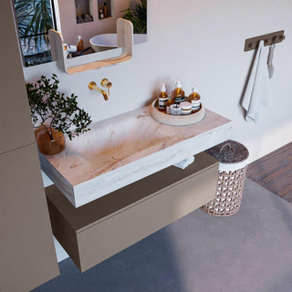 Mondiaz ALAN-DLUX Ensemble de meuble - 100cm - meuble Smoke mat - 1 tiroir - Lavabo Cloud Frappe suspendu - vasque Gauche - 0 trous de robinet