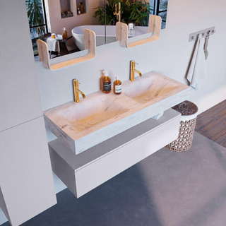 Mondiaz ALAN-DLUX Ensemble de meuble - 120cm - meuble Cale mat - 1 tiroir - Lavabo Cloud Opalo suspendu - vasque Gauche et droite - 2 trous de robinet