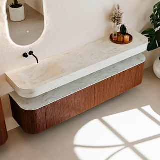 MONDIAZ THOR-DLUX 200cm meuble de salle de bains arrondi gauche + droite couleur Ruby avec 2 tiroirs et 2 portes. Vasque suspendue CLOUD Gauche sans trou de robinet couleur Opalo.