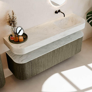 MONDIAZ THOR-DLUX 160cm meuble de salle de bains arrondi gauche + droite couleur Shadow avec 1 tiroir et 2 portes. Vasque suspendue CLOUD Droite sans trou de robinet couleur Opalo.