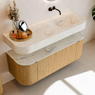 MONDIAZ THOR-DLUX Meuble de salle de bains 130cm arrondi gauche + droite couleur Oak avec 1 tiroir et 2 portes. Vasque suspendue CLOUD Droite sans trou de robinet couleur Ostra.