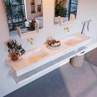 Mondiaz ALAN-DLUX Ensemble de meuble - 200cm - meuble Ostra mat - 0 tiroirs - Lavabo Cloud Ostra suspendu - vasque Gauche et droite - 0 trous de robinet