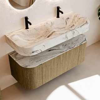 MONDIAZ THOR-DLUX 120cm meuble de salle de bains arrondi gauche + droite couleur Dusk avec 1 tiroir et 2 portes. Vasque suspendue CLOUD Double 2 trous de robinet couleur Glace.