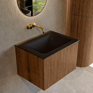 MONDIAZ KURVE 60cm Meuble salle de bain - couleur Walnut - 1 tiroir - vasque CLOUD centre - sans trous de robinet - Urban