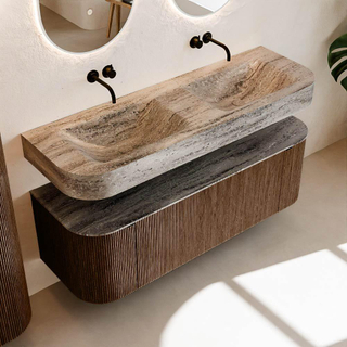 MONDIAZ THOR-DLUX 140cm meuble de salle de bains arrondi gauche + droite couleur Walnut avec 1 tiroir et 2 portes. Vasque suspendue CLOUD Double sans trou de robinet couleur Oza.