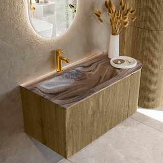 MONDIAZ KURVE-DLUX 95cm badmeubel ronding Rechts kleur Dusk met 1 lade en 1 deur. Wastafel BIG SMALL Links 1 kraangat Sombra.