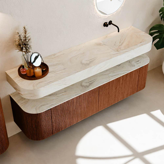 MONDIAZ THOR-DLUX 180cm meuble de salle de bains arrondi gauche + droite couleur Ruby avec 2 tiroirs et 2 portes. Vasque suspendue CLOUD Droite sans trou de robinet couleur Ostra.