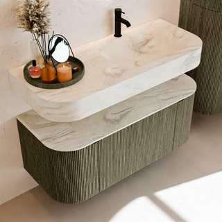 MONDIAZ THOR-DLUX 110cm meuble de salle de bains arrondi gauche + droite couleur Shadow avec 1 tiroir et 2 portes. Vasque suspendue CLOUD Droite 1 trou de robinet couleur Ostra.