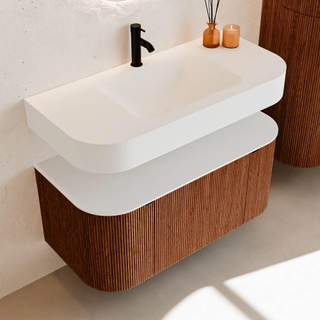 MONDIAZ THOR 100cm meuble de salle de bains arrondi gauche + droite couleur Ruby avec 1 tiroir et 2 portes. Vasque suspendue CLOUD Milieu 1 trou de robinet couleur Talc.