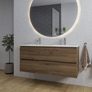 Adema Chaci Meuble salle de bain - 120x46x57cm - 2 vasques ovales en céramique blanche - 2 trous de robinet - 2 tiroirs - miroir rond avec éclairage - noix