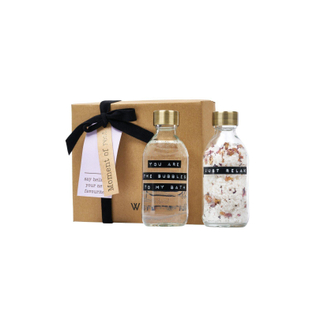 Wellmark Giftbox badzout & badzeep - 2x200ml - transparant/messing - tekst: MOMENT OF REST