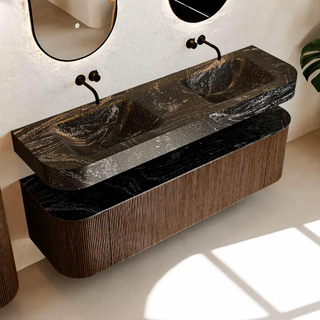 MONDIAZ THOR-DLUX 160cm meuble de salle de bains arrondi gauche + droite couleur Walnut avec 1 tiroir et 2 portes. Vasque suspendue CLOUD Double sans trou de robinet couleur Lava.