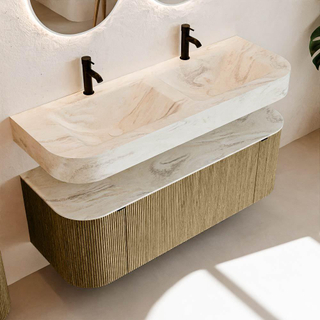 MONDIAZ THOR-DLUX 130cm meuble de salle de bains arrondi gauche + droite couleur Dusk avec 1 tiroir et 2 portes. Vasque suspendue CLOUD Double 2 trous de robinet couleur Ostra.