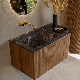 MONDIAZ KURVE-DLUX 85cm Meuble salle de bain avec module 25 D - couleur Walnut - 1 tiroir - 1 porte - vasque CLOUD gauche - sans trou de robinet - couleur Lava