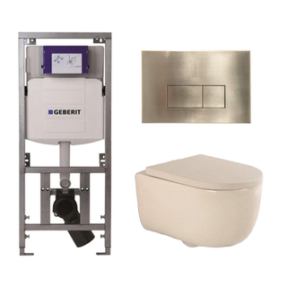 QeramiQ Dely Swirl Toiletset - 36.3x51.7cm - Geberit UP320 Burda inbouwreservoir - 35mm zitting - geborsteld messing bedieningsplaat - rechthoekige knoppen - beige