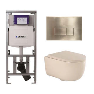 QeramiQ Dely Swirl Toiletset - 36.3x51.7cm - Geberit UP320 inbouwreservoir - 35mm zitting - geborsteld messing bedieningsplaat - rechthoekige knoppen - beige