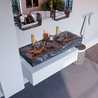 Mondiaz ALAN-DLUX Ensemble de meuble - 120cm - meuble Talc mat - 1 tiroir - Lavabo Cloud Lava suspendu - vasque Gauche et droite - 2 trous de robinet