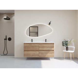 HR Infinity XXL ensemble de meubles de salle de bain 3d 140 cm 2 vasques en céramique gala blanc 2 trous de robinet 4 tiroirs chêne français