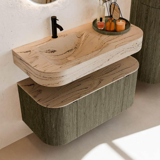 MONDIAZ THOR-DLUX 100cm meuble de salle de bains arrondi gauche + droite couleur Shadow avec 1 tiroir et 2 portes. Vasque suspendue CLOUD Gauche 1 trou de robinet couleur Arena.