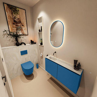 MONDIAZ TURE-DLUX Meuble toilette - 100cm - Jeans - EDEN - vasque Ostra - position gauche - sans trou de robinet